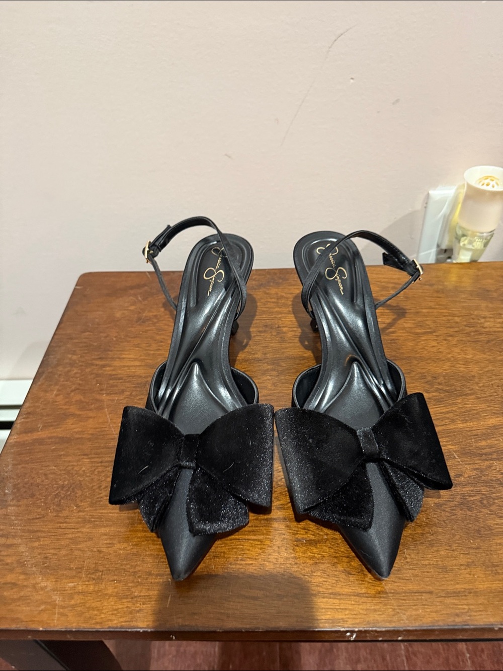Jessica Simpson Black Velvet Bow Pointed Slingback Heels